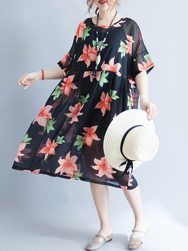 Literary Flower Chiffon Long Dress
