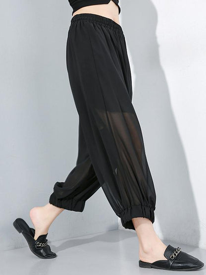 Chiffon See-through Elastic Waist Solid Wide Leg Pants  Design