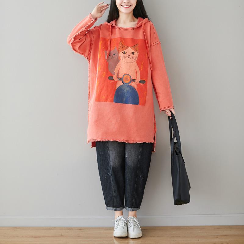 Buykud Cartoon Cats Fringed Hem Loose Hoodie