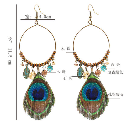 Peacock feather wool bead earrings