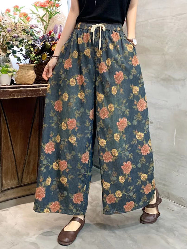 Loose Artistic Retro Wide Legs Floral Printed Jean Pants