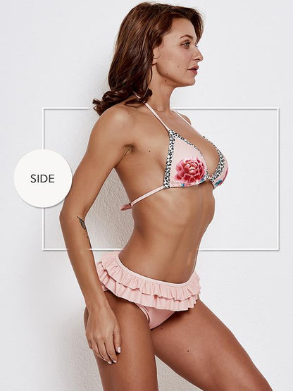 Pink Printed Falbala Bottom Bikinis Simwear