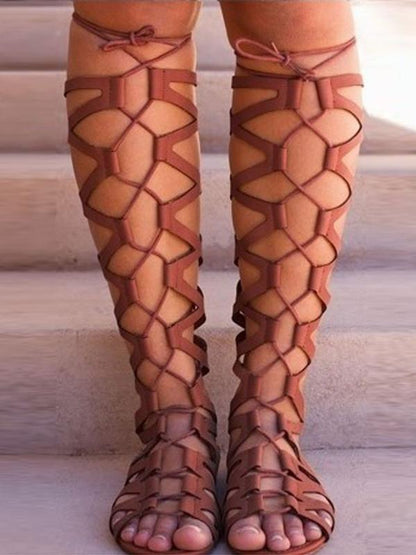 Retro Hight Barrel Hollow Lace-Up Slight Heel Suede Sandals