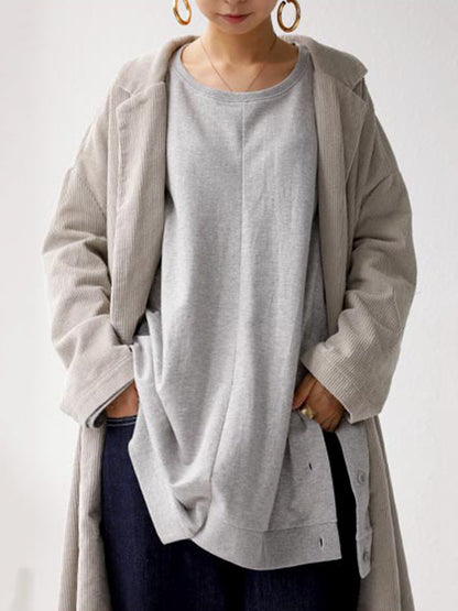 Casual Loose Color Matching Buttoned Split-Joint Split-Side High-Low Round-Neck Long Sleeves Sweatshirt
