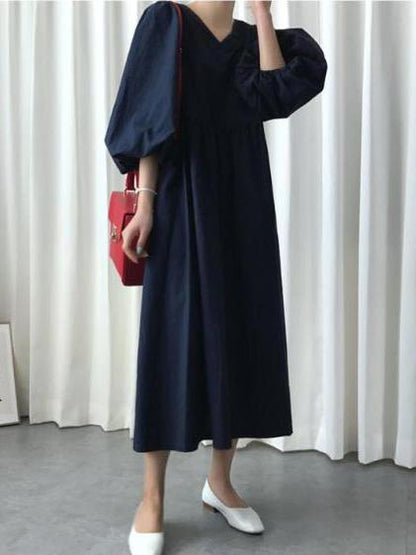 LOOSE ELEGANT PUFF SLEEVES LONG DRESS