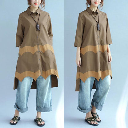 Women Vintage Casual Splicing Summer Irregular Coffee Shirt
