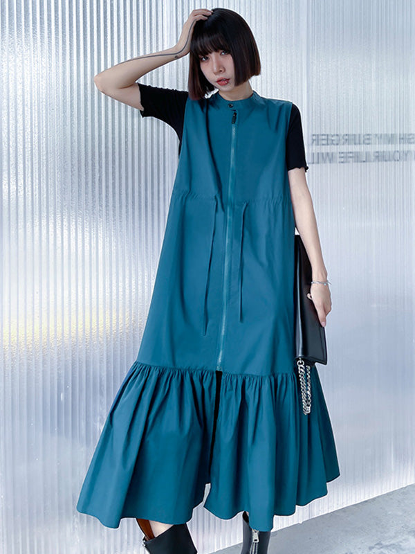 Simple Zipper Pleated Stand Collar A-Line Sleeveless Midi Dress