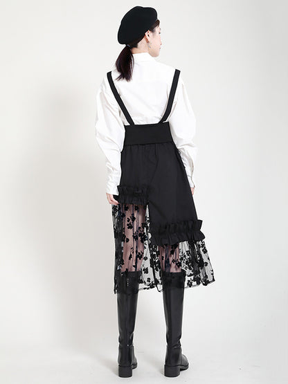Stylish Mesh Hollow Embroidered Elasticity Split-Joint Strap Skirt