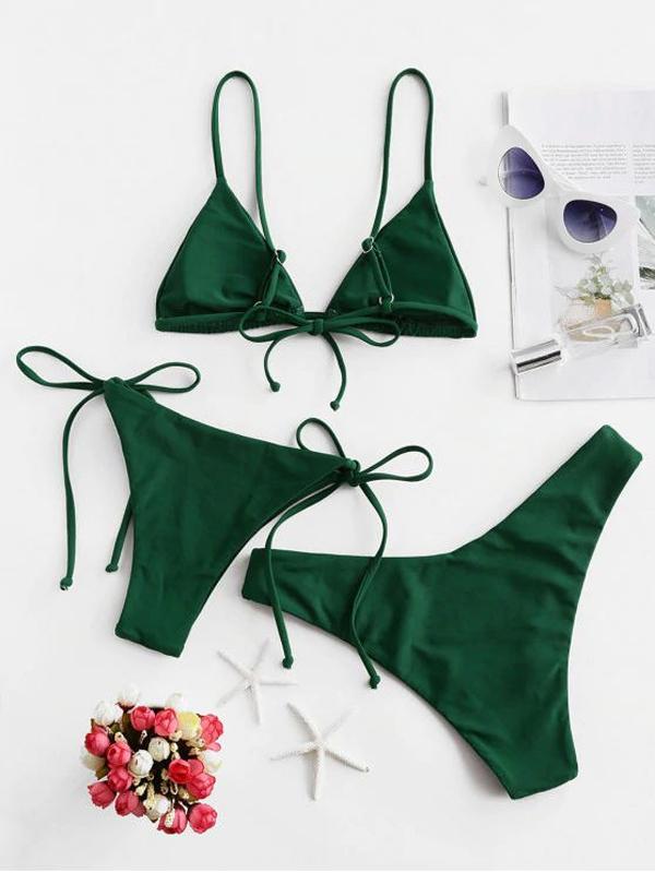 Solid Color Bandage Three-Piece Bikini Swimsuit