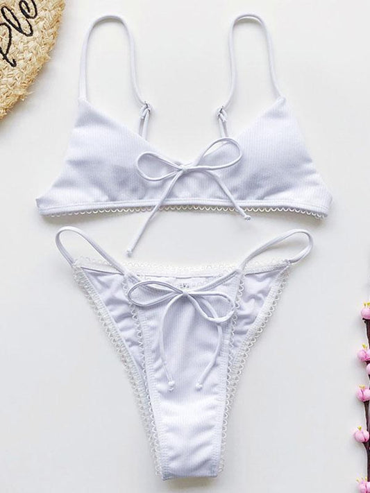 Solid Color Bow Bikini Swimsuit