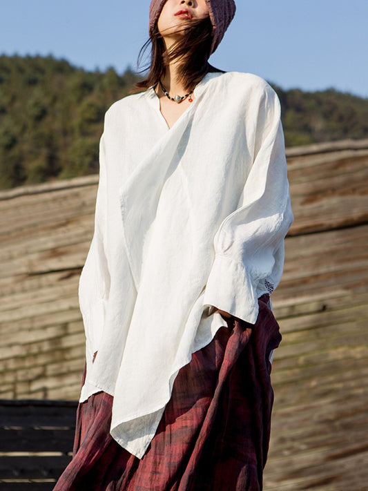 Artistic Retro Irregular Ramie Cotton Pleated V-Neck Long Sleeves T-Shirt