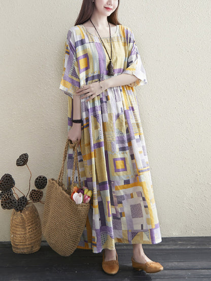 Artistic Retro Ramie Cotton Color-Block Pleated Round-Neck Half Sleeves Midi Dress