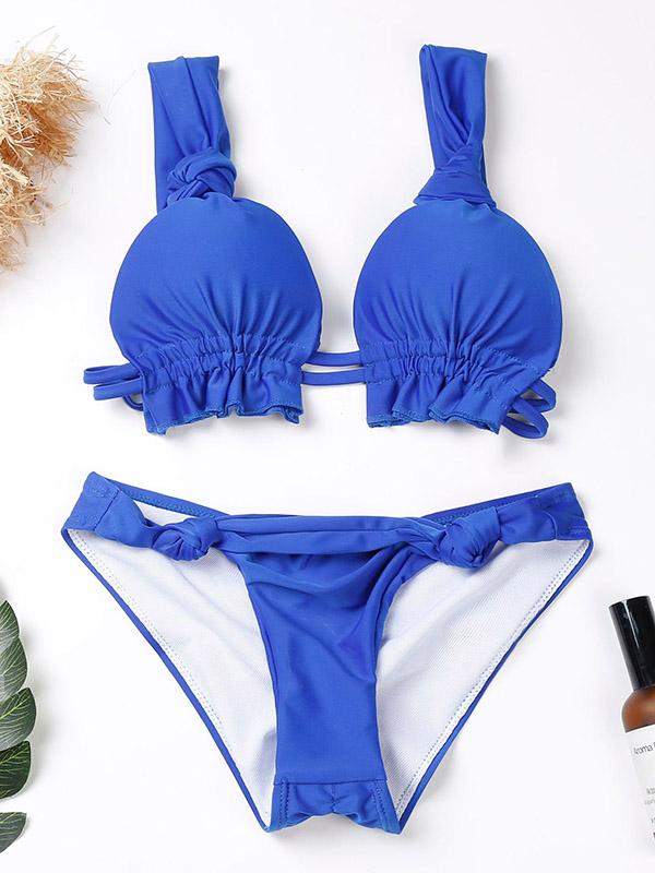 Solid Color Knotted Split Bikini Swimsuit