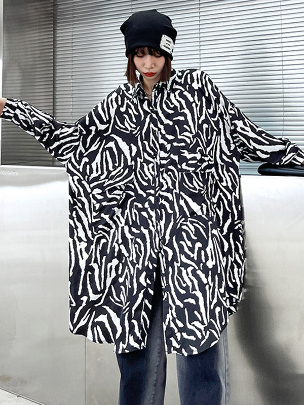 Stylish Printed Buttoned Batwing Sleeve Lapel Blouse Tops