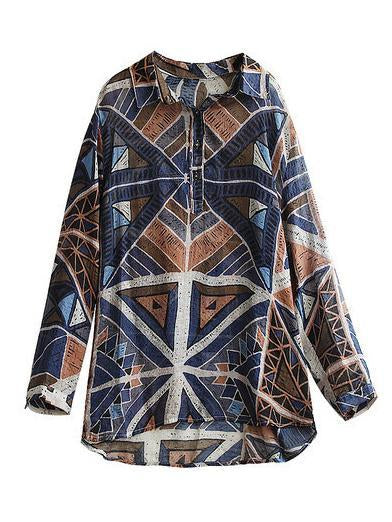 Artistic Retro Print Lapel Shirt Blouse Tops