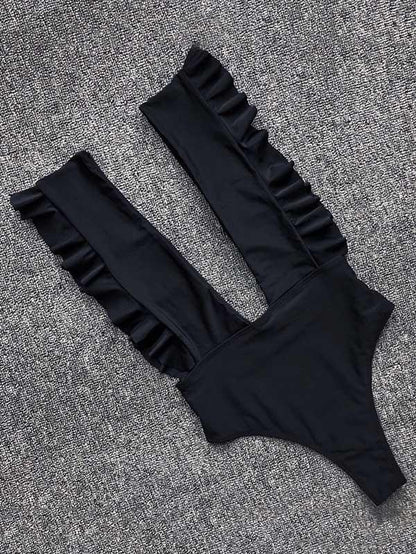 Deep-neck Ruffled Plain One-piece Swimsuit