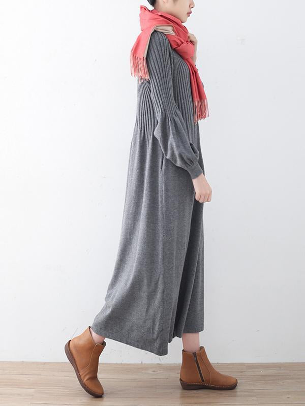 Solid Puff Sleeves Elastic Waist Sweater V-Neck Dress