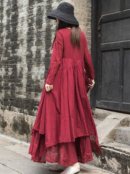 Cotton Solid Split-joint Ramie Cotton Big Hemline Long Dress