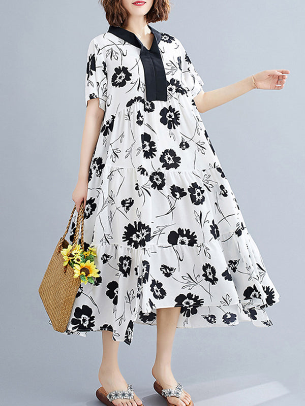 Artistic Retro Loose Floral Printed Pleated Midi Dress