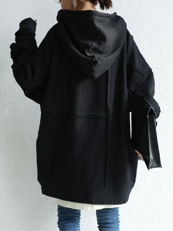 Stylish Loose Split-Joint Asymmetric Drawstring Hooded High-Neck Jacket Outerwear