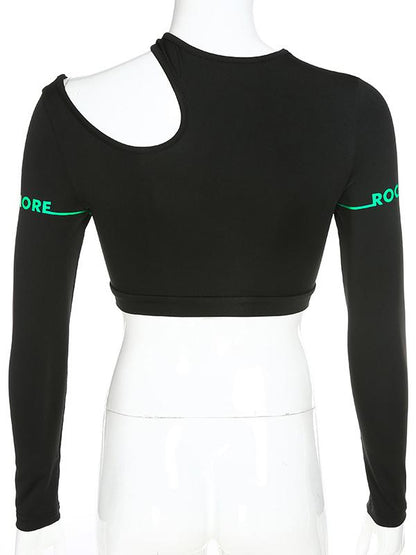 Letter Printed Bare Midriff Hollow Tee