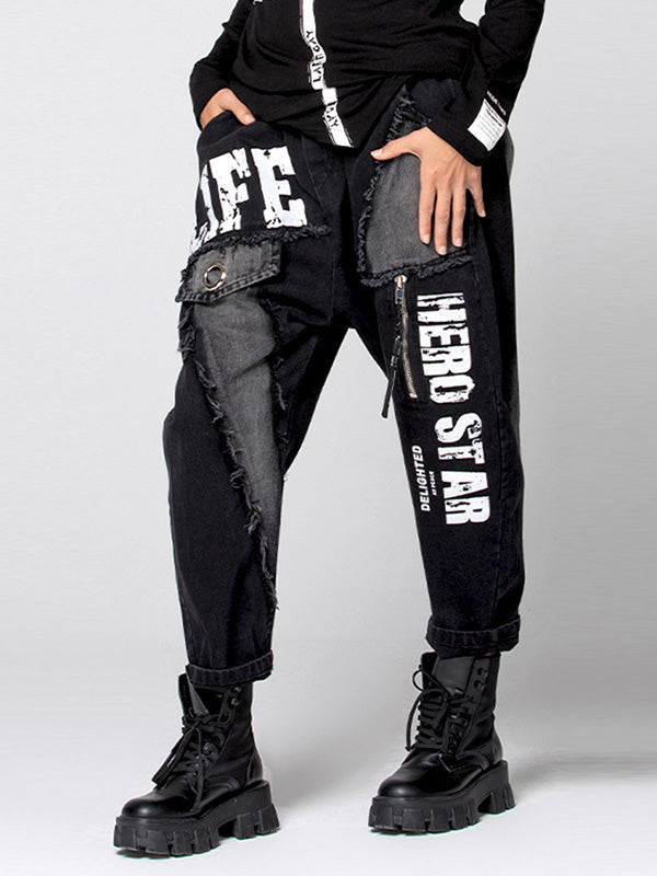 Original Split-Joint Letter Print Harem Pants Jean Pants