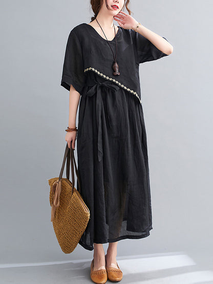 Artistic Retro Solid Color Split-Joint Pleated Tied Embroidered Half Sleeves V-Neck Midi Dress