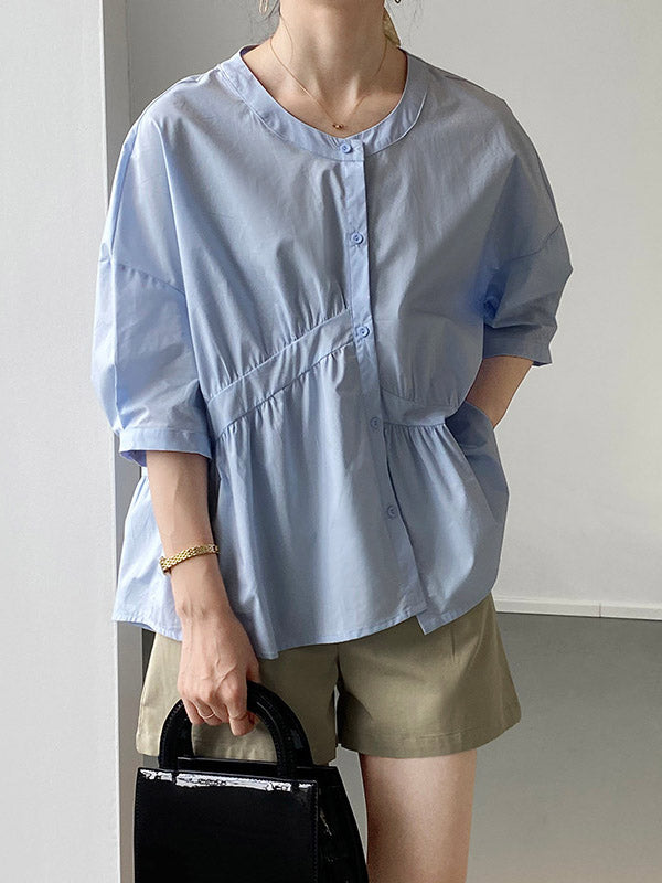 Stylish White&Blue Asymmetric High-Low Half Sleeves Blouses