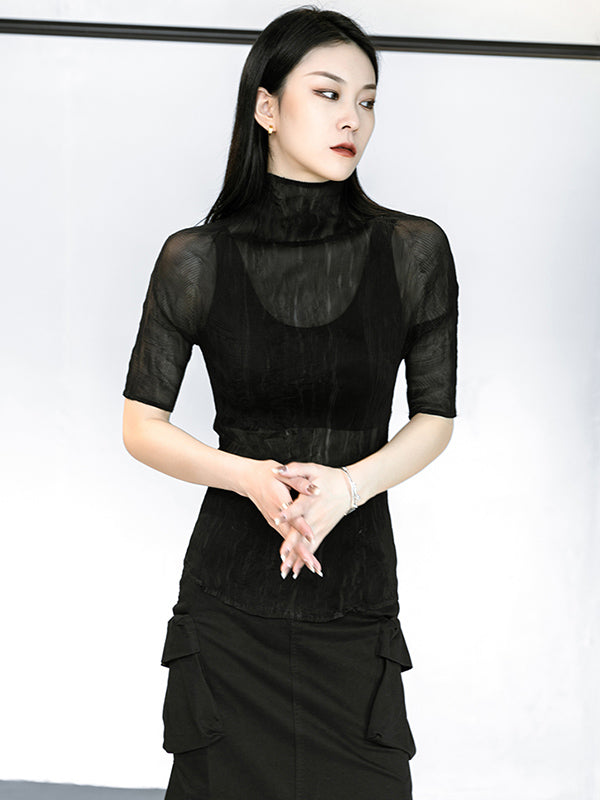 Original Solid Color High-Neck Long Sleeve See-Through T-Shirts Tops