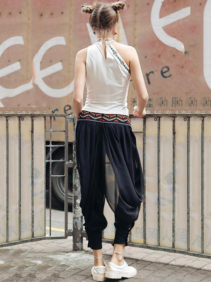 Loose Chiffon Embroidered Wide Leg Harem Pants