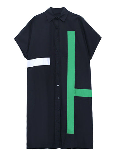 Original Loose Contrast Color Striped Printed Midi Shirt Dress