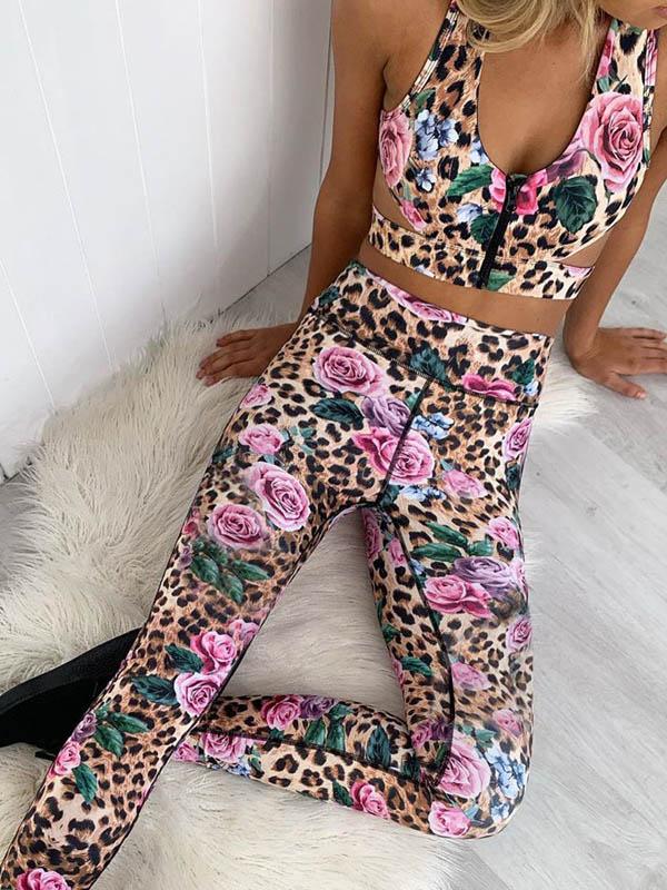 Zipper Leopard Floral Tank&Leggings Suits