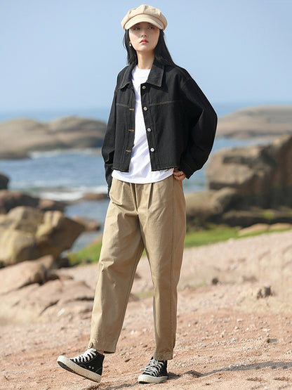 Casual Loose Long Sleeves Buttoned Solid Color Lapel Collar Jackets&Coats