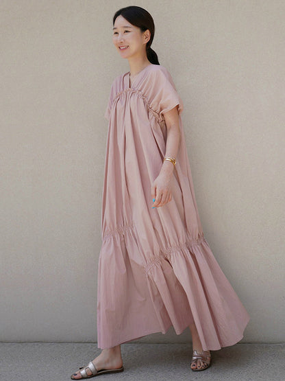 Casual Solid Color Falbala Pleated V-Neck Short Sleeves Maxi Dress