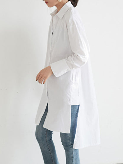 Simple Solid Color Buttoned Split-Side Lapel Collar Long Sleeves Blouse