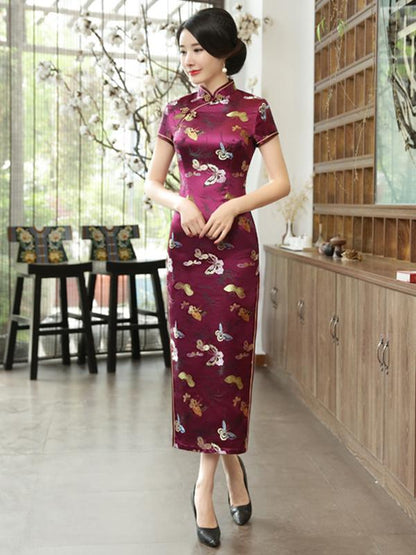 5 Colors Butterflies Print Long Cheongsam