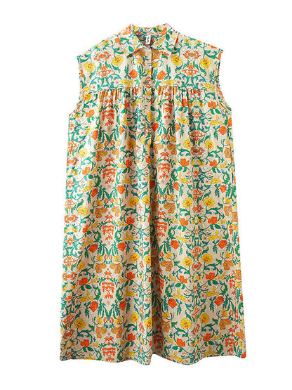 Artistic Retro Floral Printed Pleated Buttoned Lapel Collar Short Sleeves Midi Dress