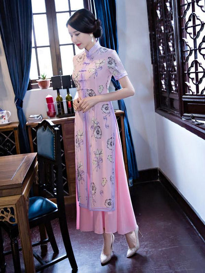 Two Pieces Yellow&Pink Ao Dai Long Cheongsam