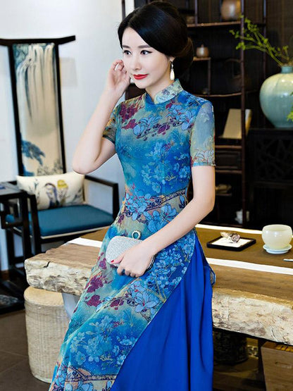 Vintage Blue Floral Stand-collar Ao Dai Long Cheongsam