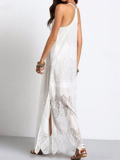 Lace Split-joint Condole Belted Maxi Dress