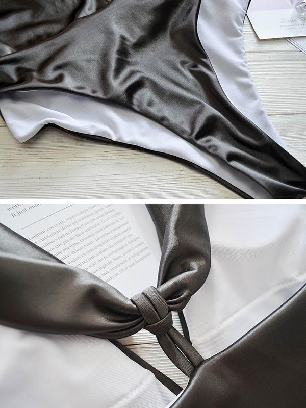 Wet Look Gathered Split Bikini Swimsuit