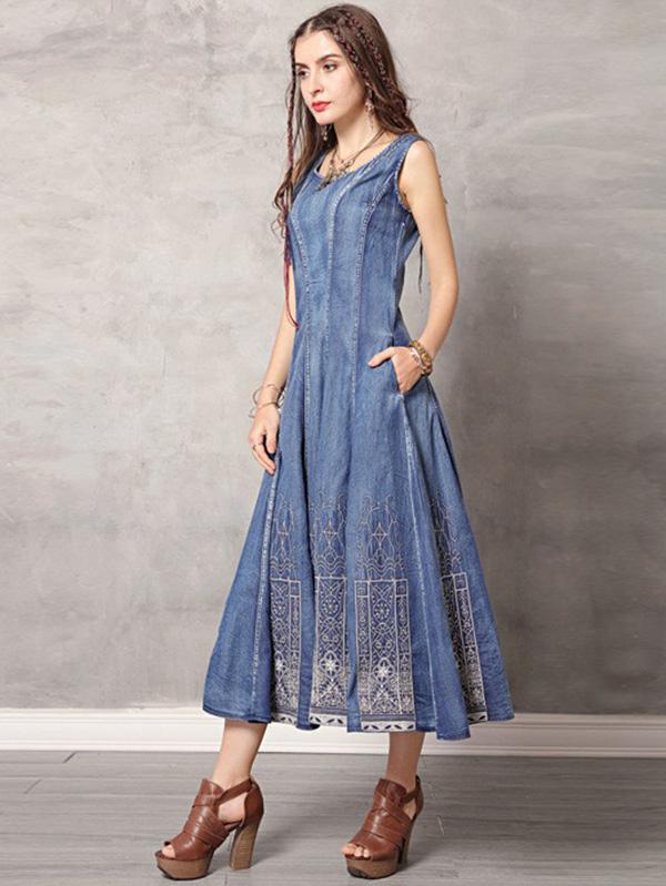 2019 Summer New Vintage Embroidery Denim Dress