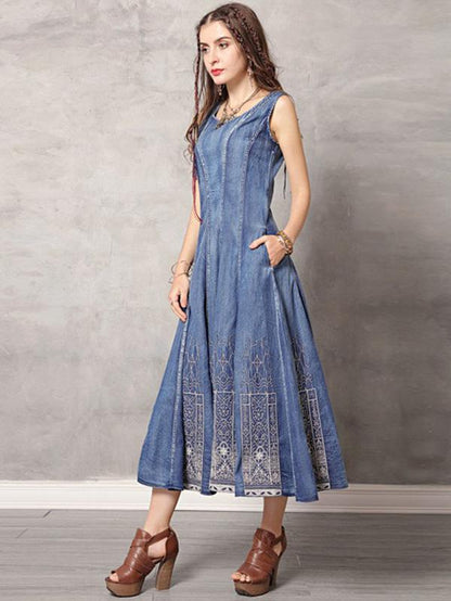2019 Summer New Vintage Embroidery Denim Dress