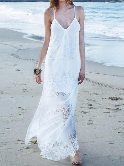 Lace Split-joint Condole Belted Maxi Dress