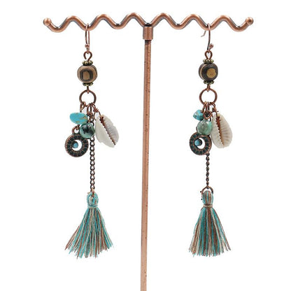 Long tassel jewelry original handmade earrings vintage wooden beads shell