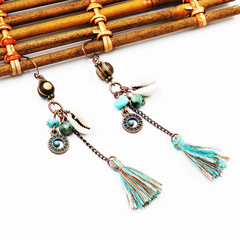 Long tassel jewelry handmade vintage wooden beads shell Earrings Wholesale