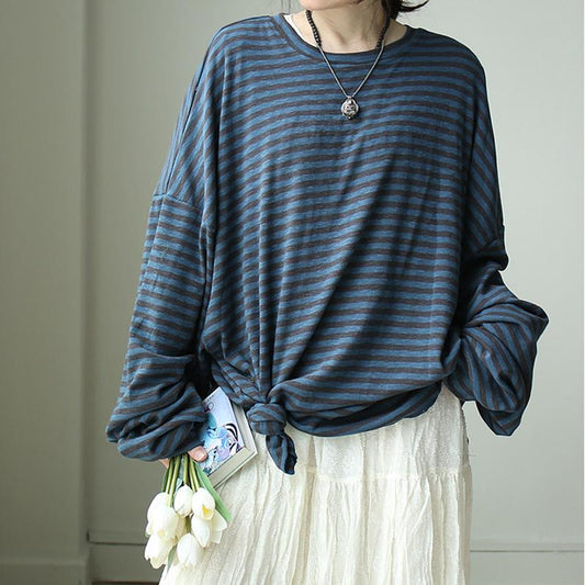 Buykud Retro Classic Stripe Batwing Sleeve Loose Shirt