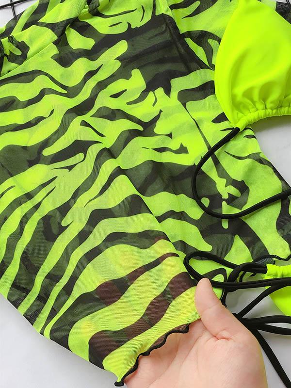 Three-Piece Printed Half-Sleeve Split Bikini Swimsuit