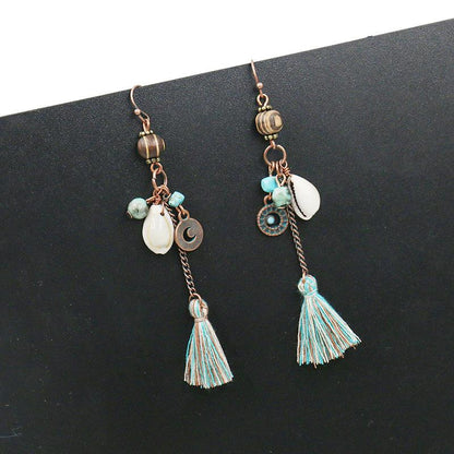 Long tassel jewelry original handmade earrings vintage wooden beads shell