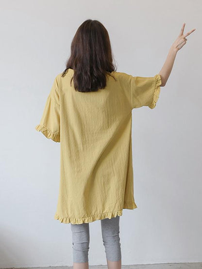 Maternity Solid Ruffled Short Sleeves Lapel Midi Dress